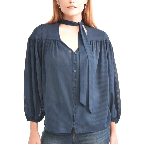 Navy Blouse With Tie At Neck - Picture 1 of 1